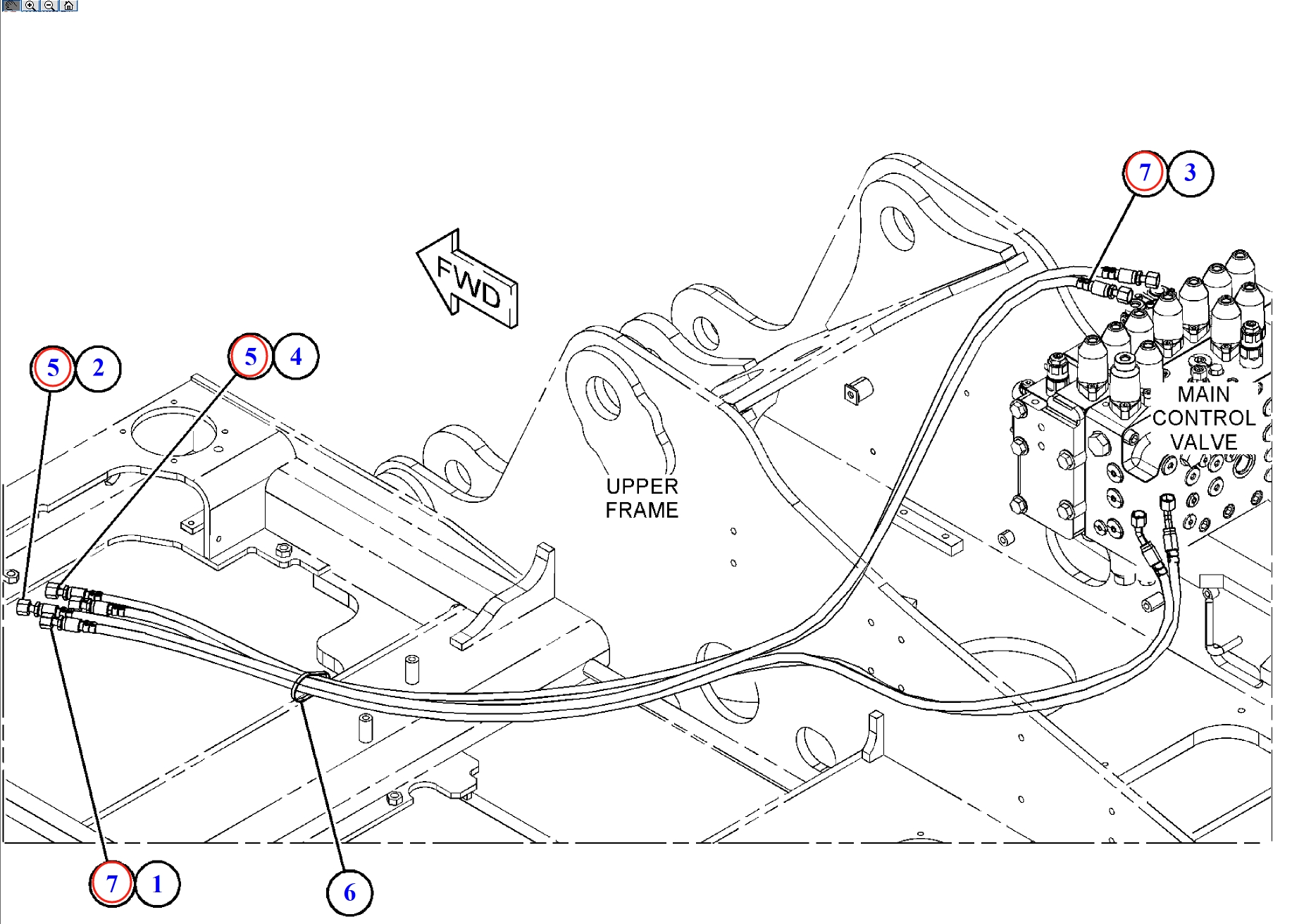 Caterpillar CAT®313F L installation diagram showing hydraulic hose 7I-8252 at Pipe No. 5