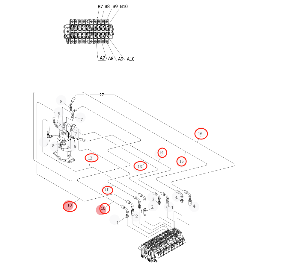 Sunward SWE17F installation diagram showing hydraulic hose 73050200A785 at Pipe No. 11