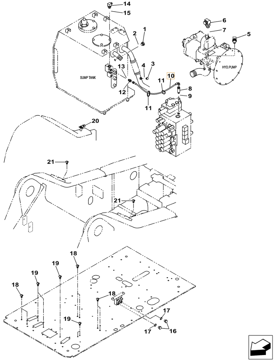 Case CX370C LC installation diagram showing hydraulic hose KHJ2249 at Pipe No. 10