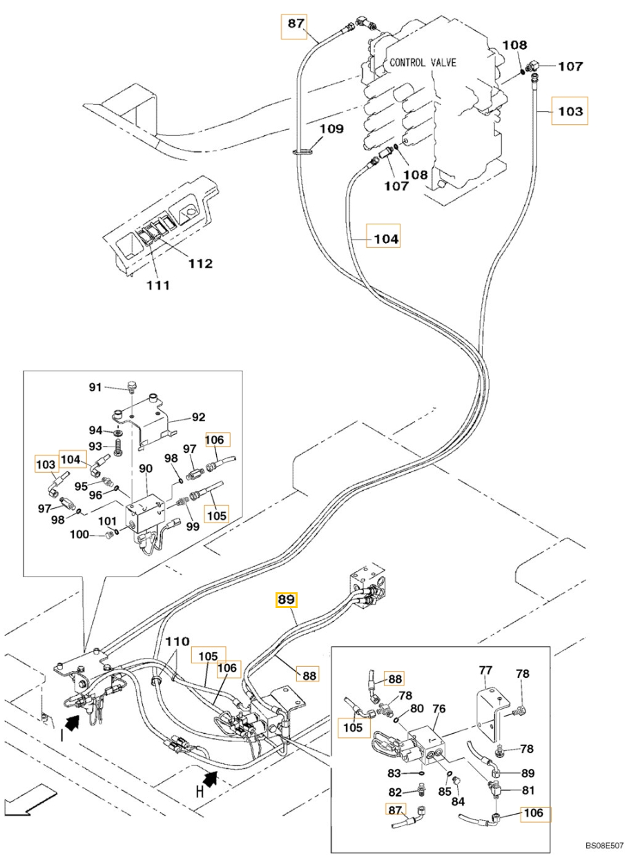 Case CX700B installation diagram showing hydraulic hose KHJ14650 at Pipe No. 88