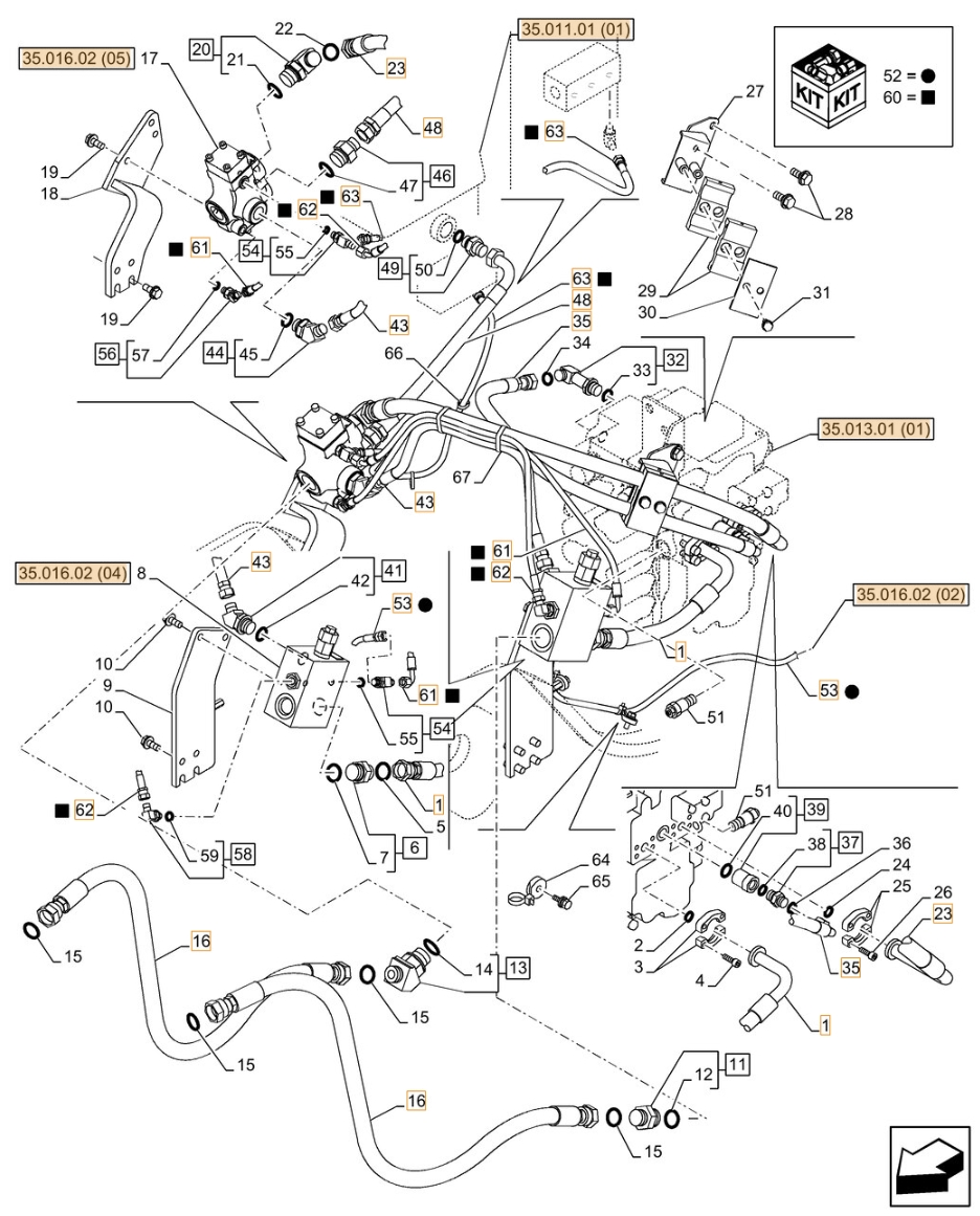 Case CX130C installation diagram showing hydraulic hose KHJ18960 at Pipe No. A53-B23