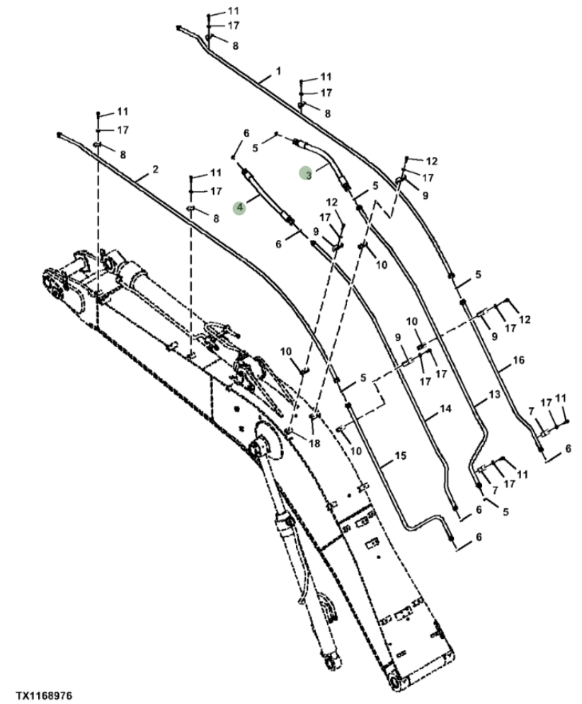Hitachi ZXS370F-3 installation diagram showing hydraulic hose 4676587 at Pipe No. 4