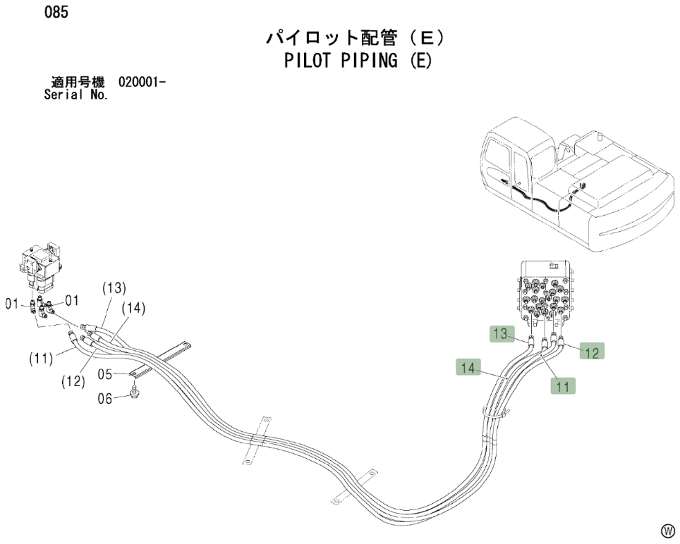 Hitachi ZX270LC installation diagram showing hydraulic hose 4608801 at Pipe No. 13
