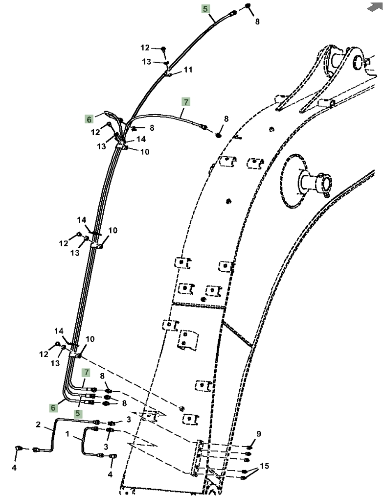 Hitachi ZX130-5G installation diagram showing hydraulic hose 4429017 at Pipe No. 5