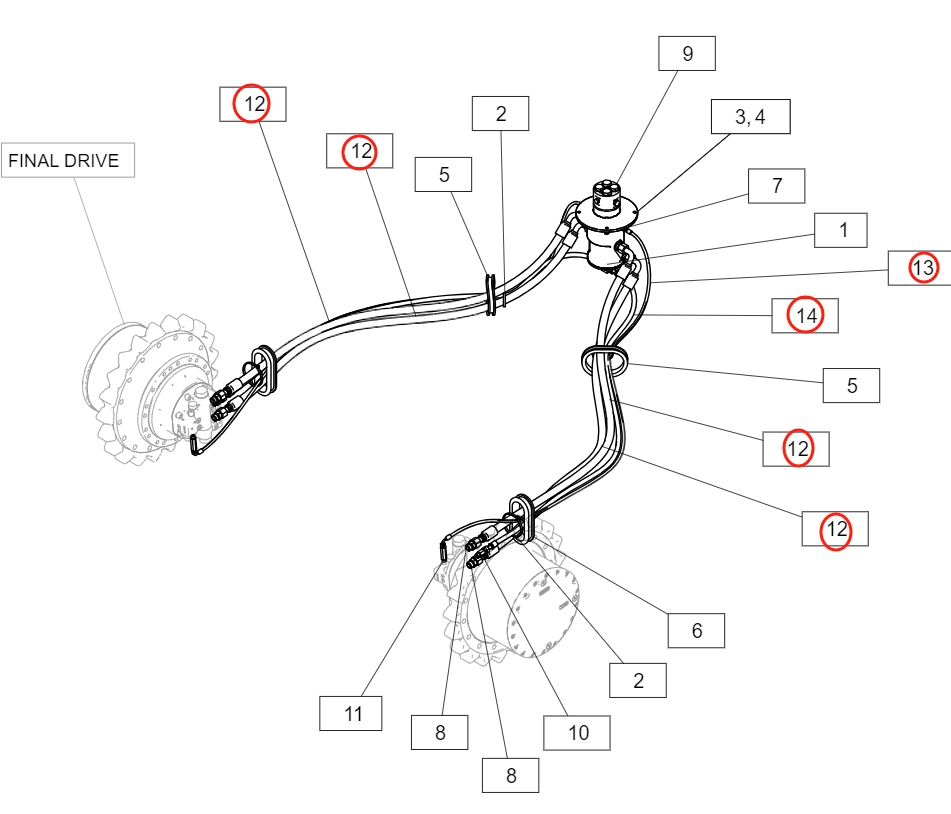 Caterpillar CAT®318D2 installation diagram showing hydraulic hose 536-4890 at Pipe No. 14