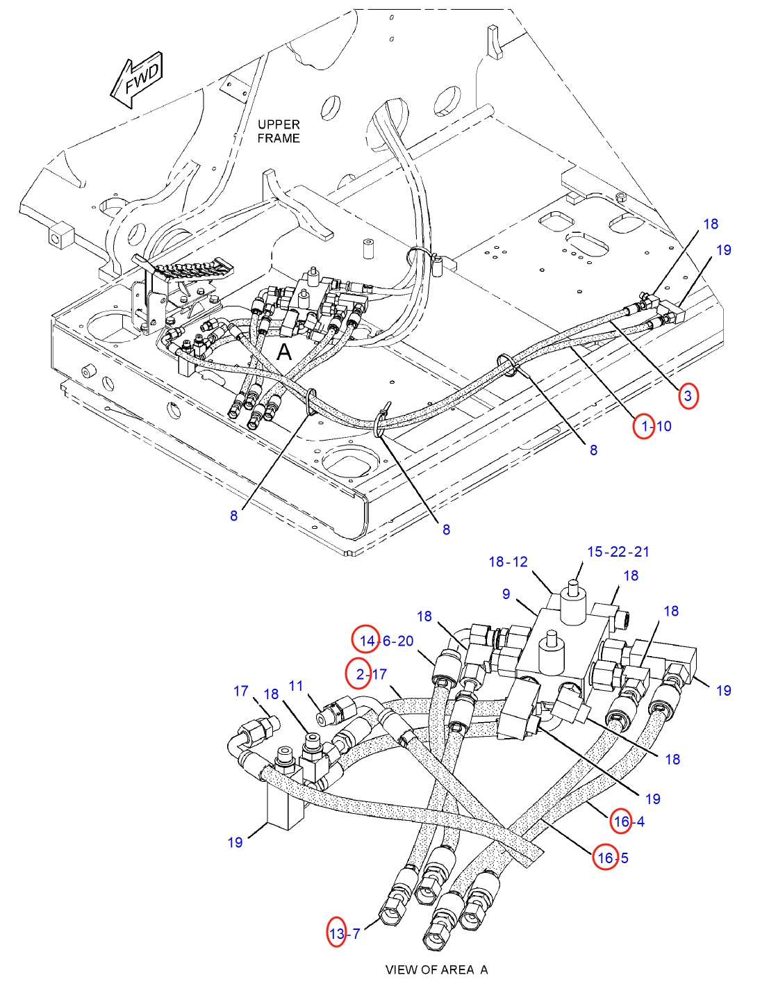 Caterpillar CAT®312E L installation diagram showing hydraulic hose 176-4768 at Pipe No. 13