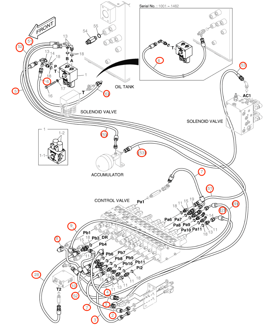 Doosan E57W installation diagram showing hydraulic hose DS2094085 at Pipe No. 52