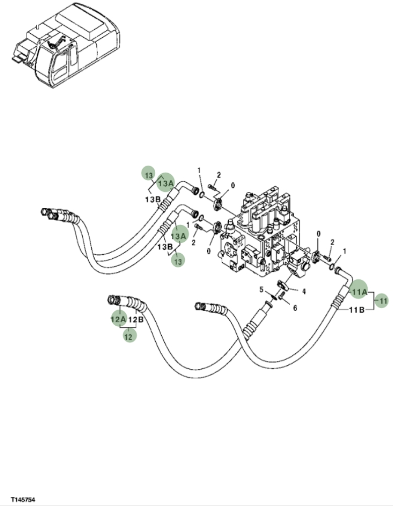 Hitachi ZX350F installation diagram showing hydraulic hose 4439932 at Pipe No. 12A