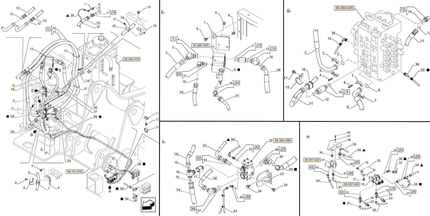 Case CX245D SR installation diagram showing hydraulic hose KHJ2238 at Pipe No. H34