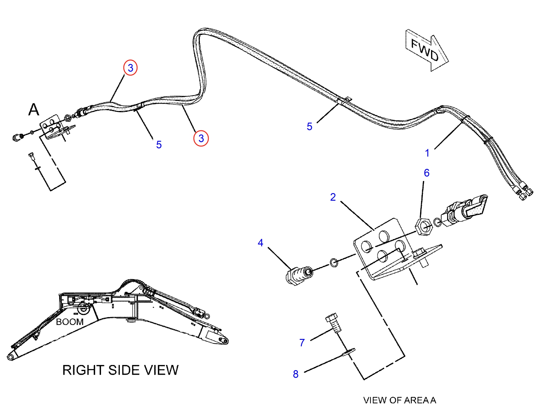 Caterpillar CAT®312C installation diagram showing hydraulic hose 199-1377 at Pipe No. 3