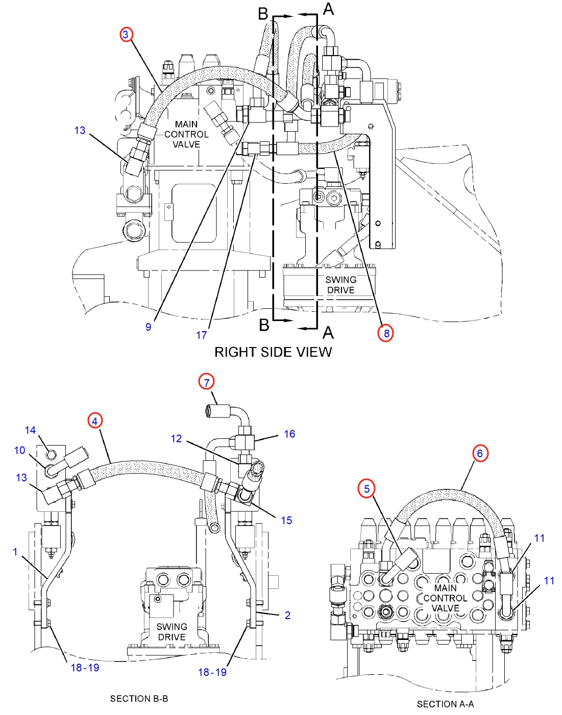 Caterpillar CAT®312E installation diagram showing hydraulic hose 381-5866 at Pipe No. 4