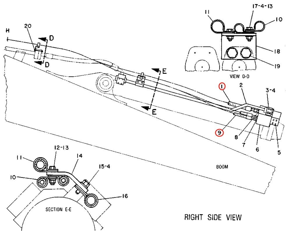 Caterpillar CAT®219D installation diagram showing hydraulic hose 6W-7641 at Pipe No. 1