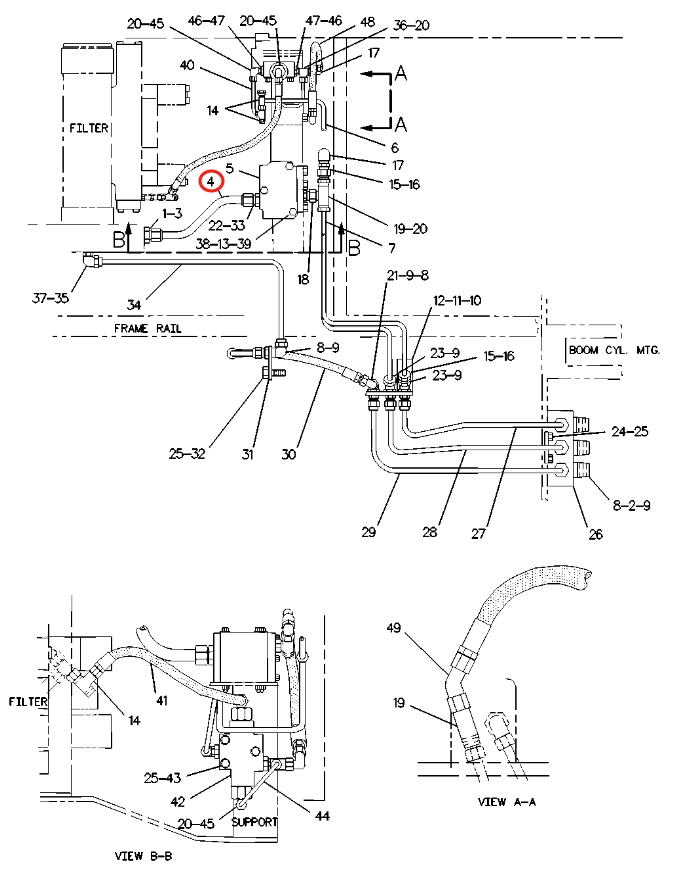 Caterpillar CAT®219D installation diagram showing hydraulic hose 7V-4250 at Pipe No. 4