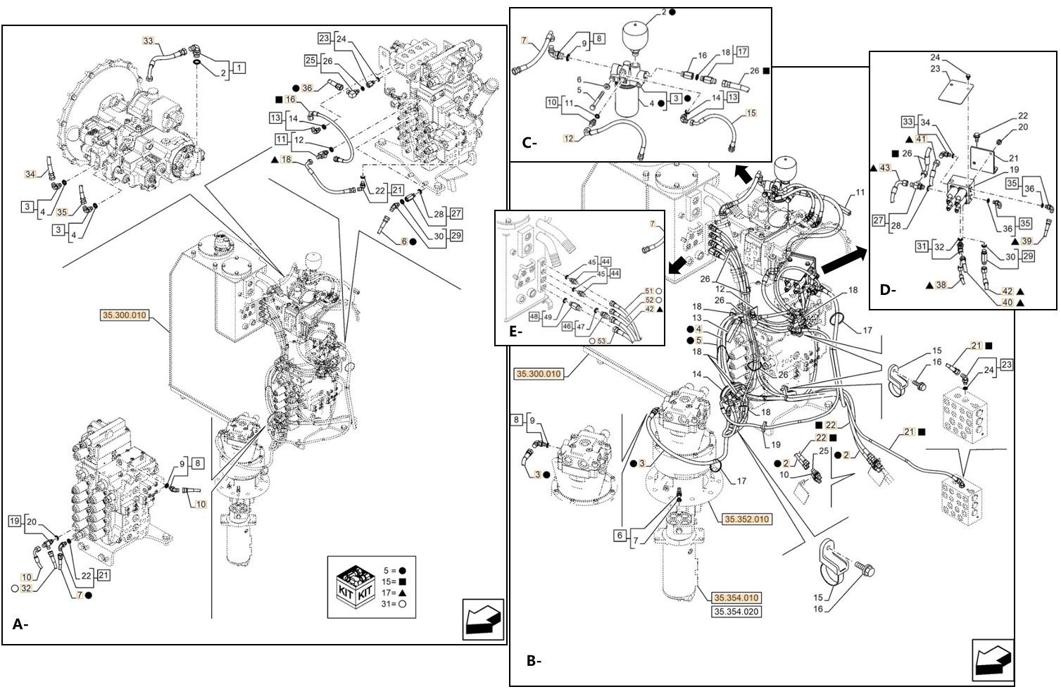 Case CX130E LC installation diagram showing hydraulic hose KHJ2625 at Pipe No. B2-D40