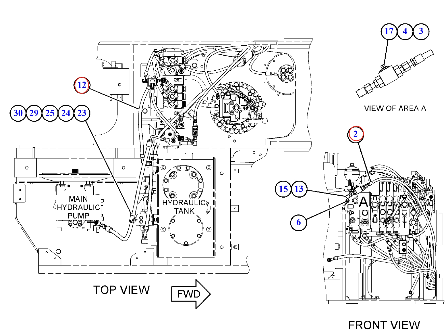 Caterpillar CAT®312F GC installation diagram showing hydraulic hose 4I-5933 at Pipe No. 2