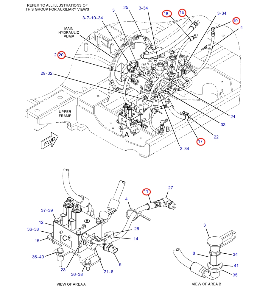 Caterpillar CAT®318E L installation diagram showing hydraulic hose 350-0833 at Pipe No. 18