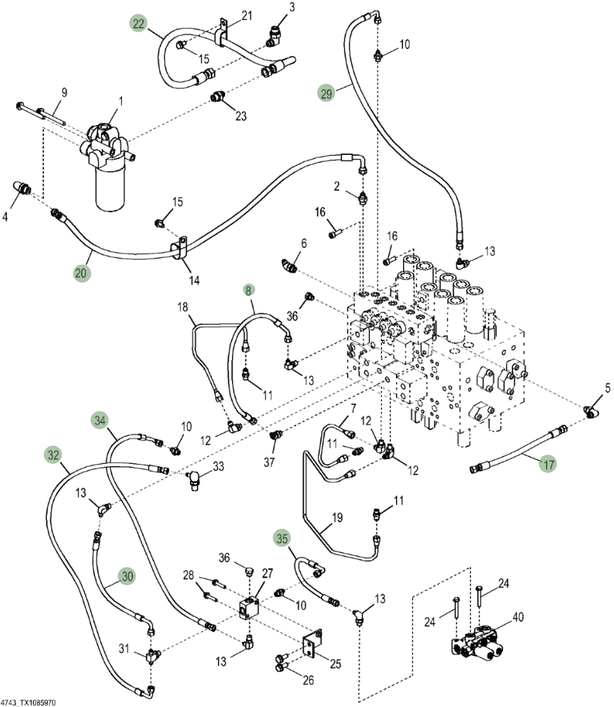 Hitachi ZX290LC-5G installation diagram showing hydraulic hose 4304470 at Pipe No. 22
