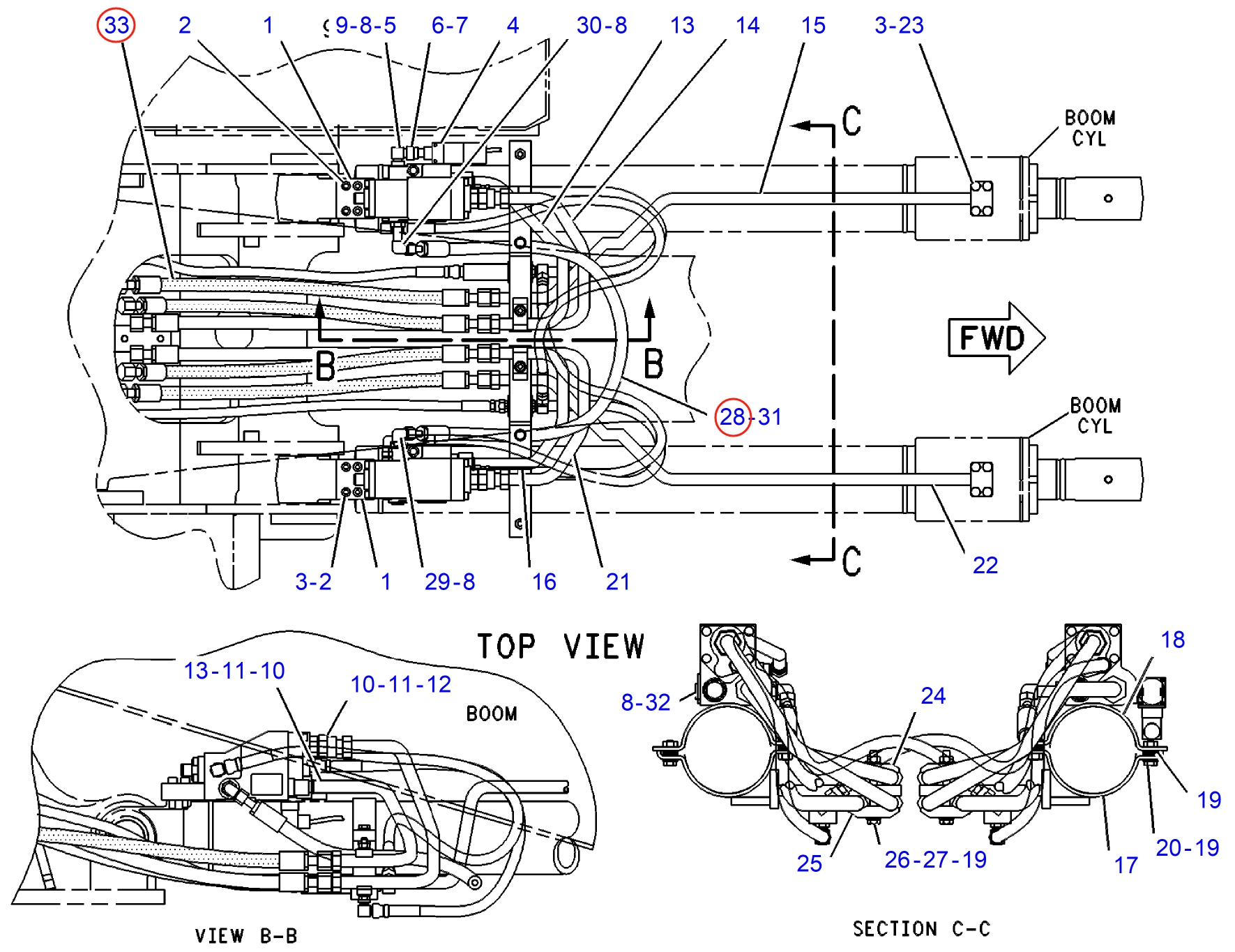 Caterpillar CAT®312-A installation diagram showing hydraulic hose 123-2636 at Pipe No. 33