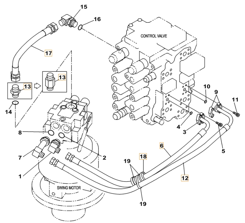 Case CX130C-8 installation diagram showing hydraulic hose KNJ14600 at Pipe No. 17