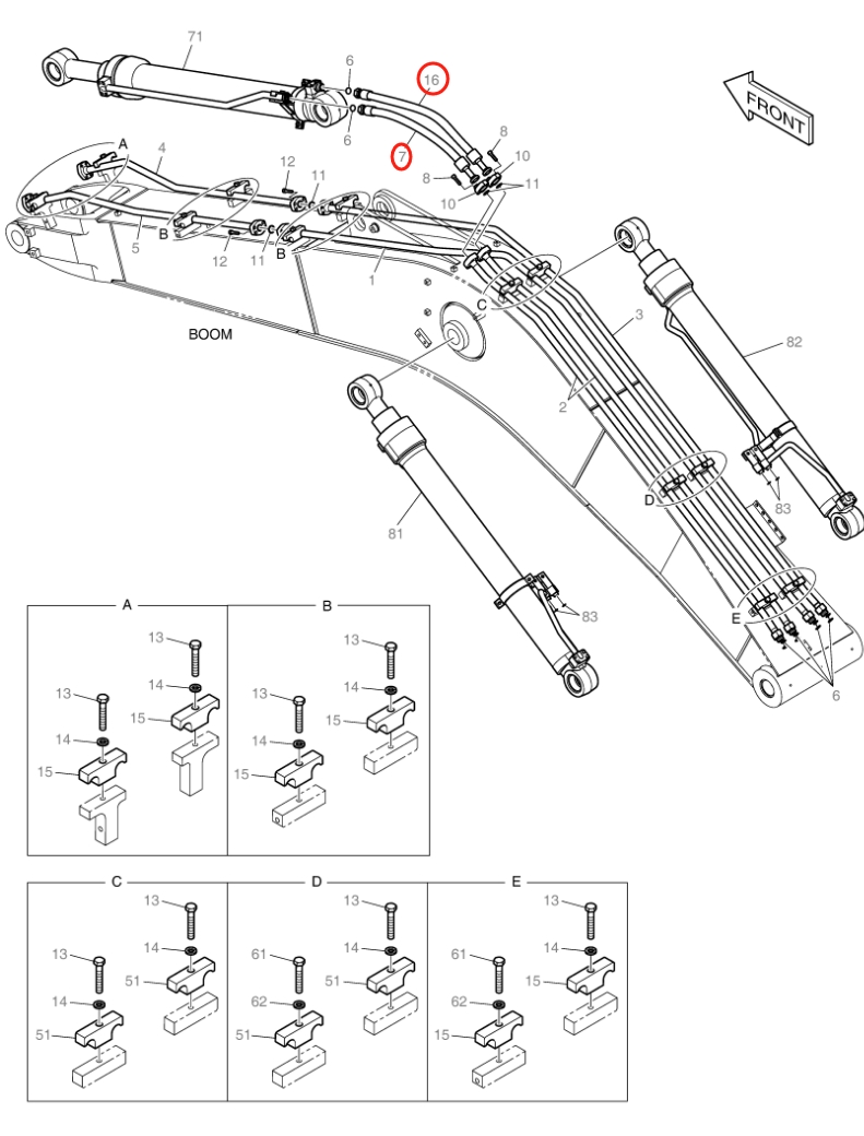 Doosan DX150LC-9C installation diagram showing hydraulic hose DS2016251 at Pipe No. 16