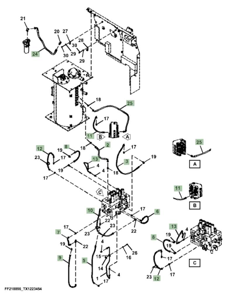 Hitachi ZX210F-LL-6N installation diagram showing hydraulic hose FF529937 at Pipe No. 24