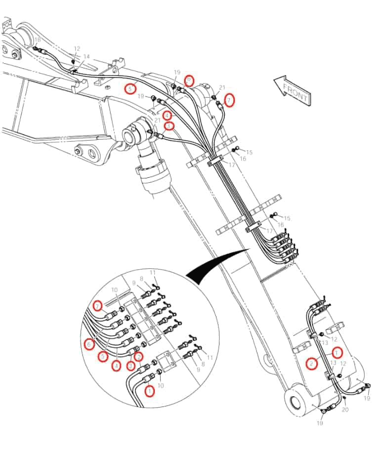 Doosan DX160LC installation diagram showing hydraulic hose 2184-1045D66 at Pipe No. 1