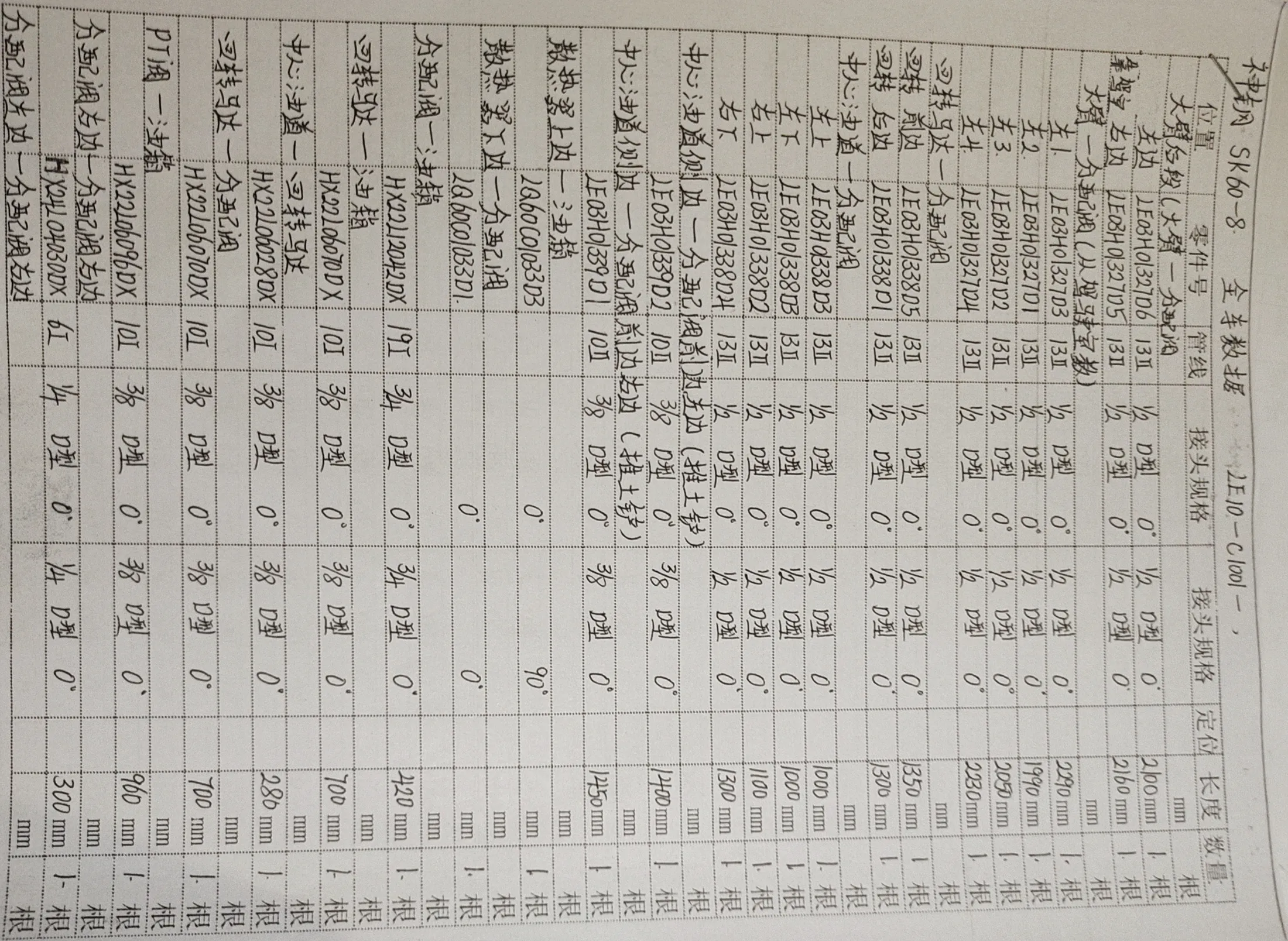 Kobelco SK60-8 hydraulic hose part numbers and recorded lengths — technician notebook page 1 of 4