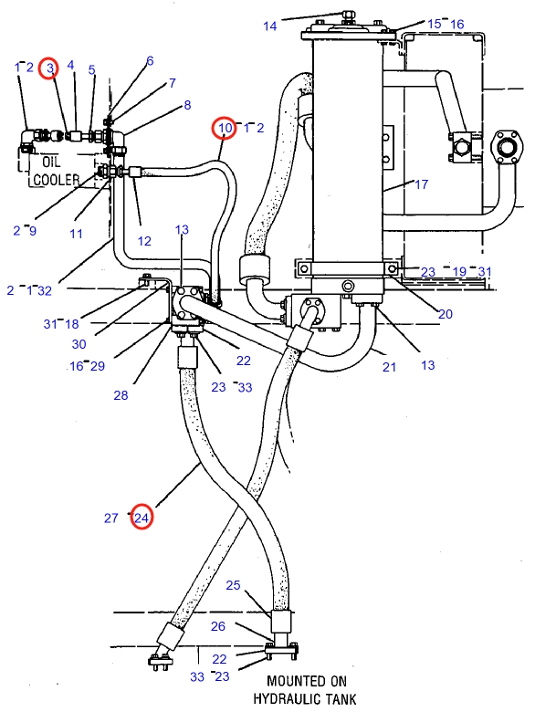 Caterpillar CAT®235B installation diagram showing hydraulic hose 1V-1277 at Pipe No. 24