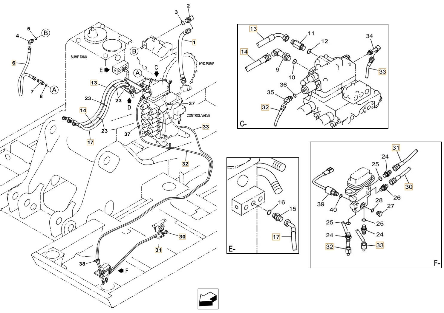 Case CX180C installation diagram showing hydraulic hose KHJ2089 at Pipe No. 30