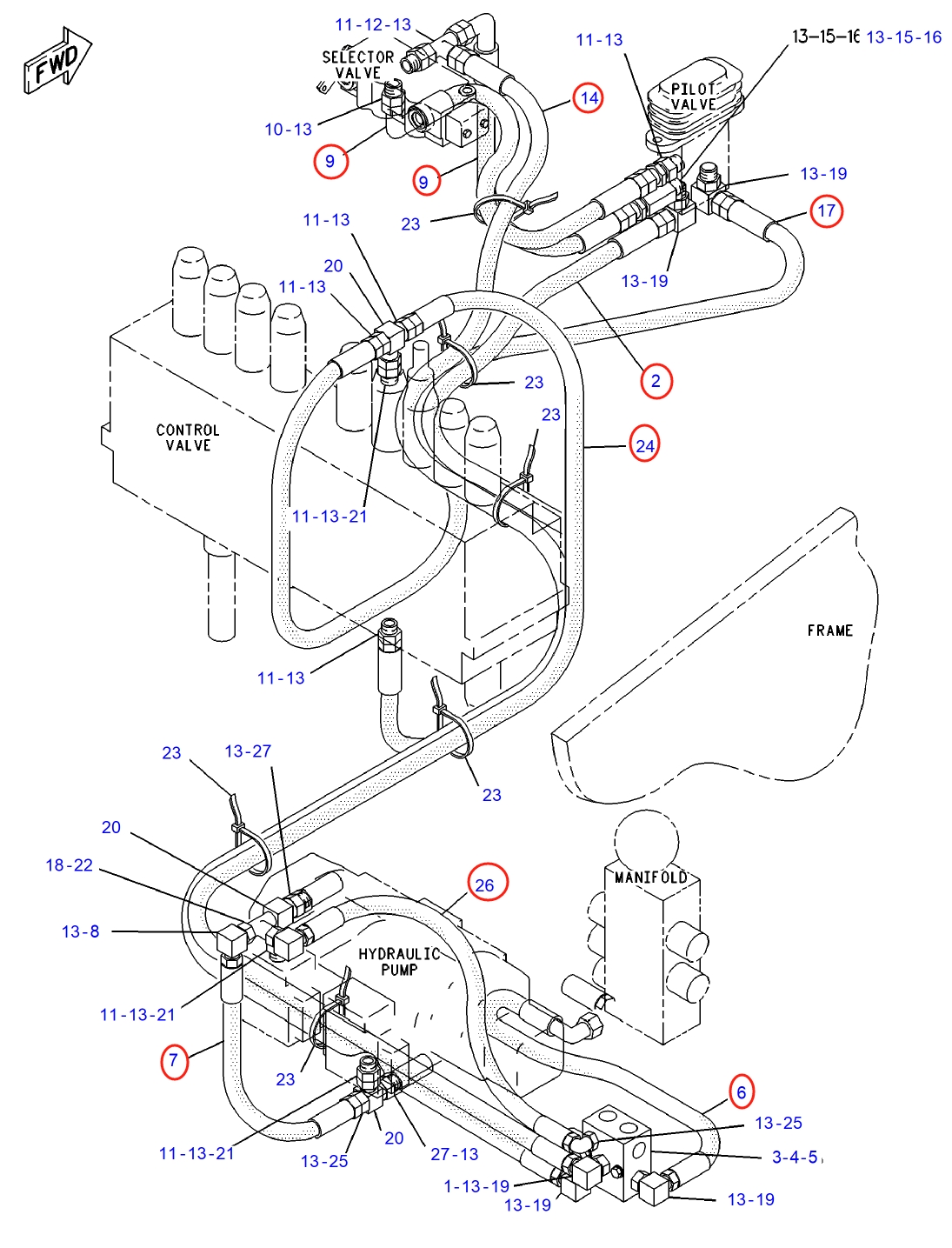 Caterpillar CAT®312-A installation diagram showing hydraulic hose 4I-1452 at Pipe No. 17