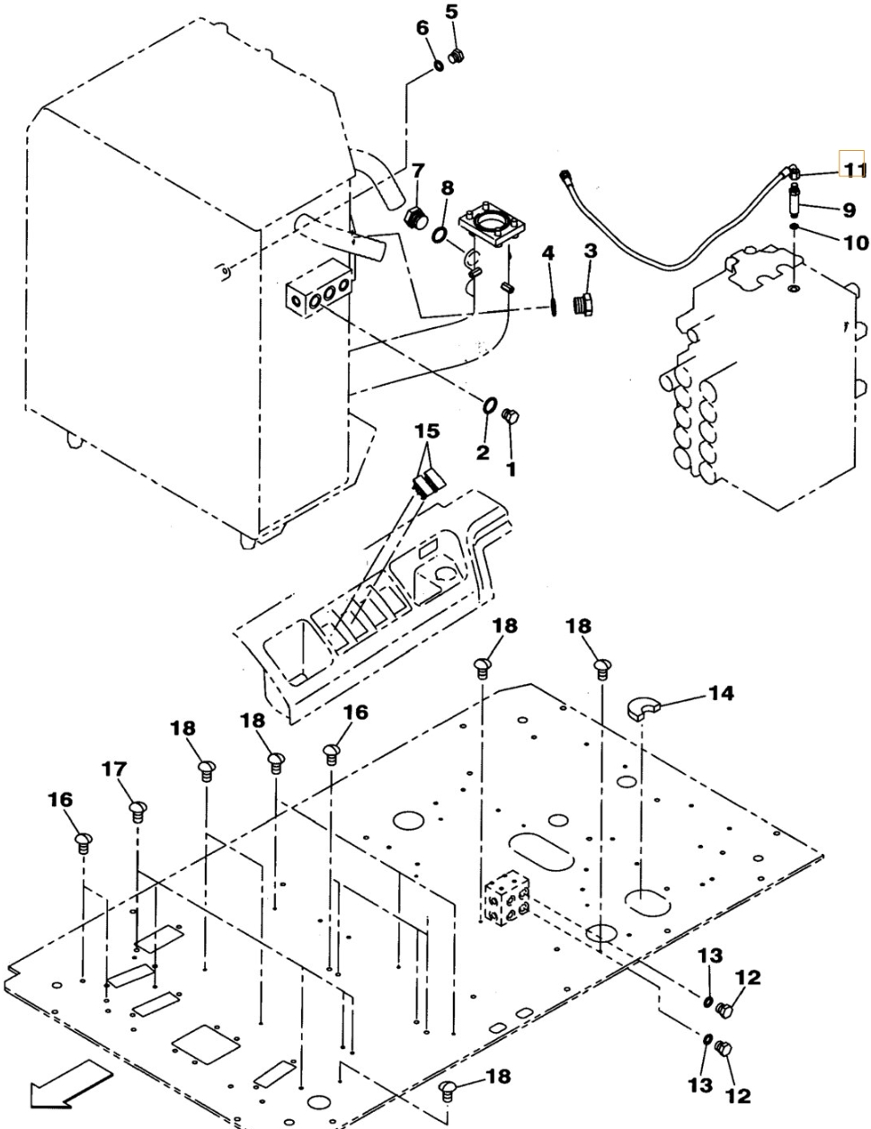 Case CX240BLR installation diagram showing hydraulic hose KHJ2249 at Pipe No. 11