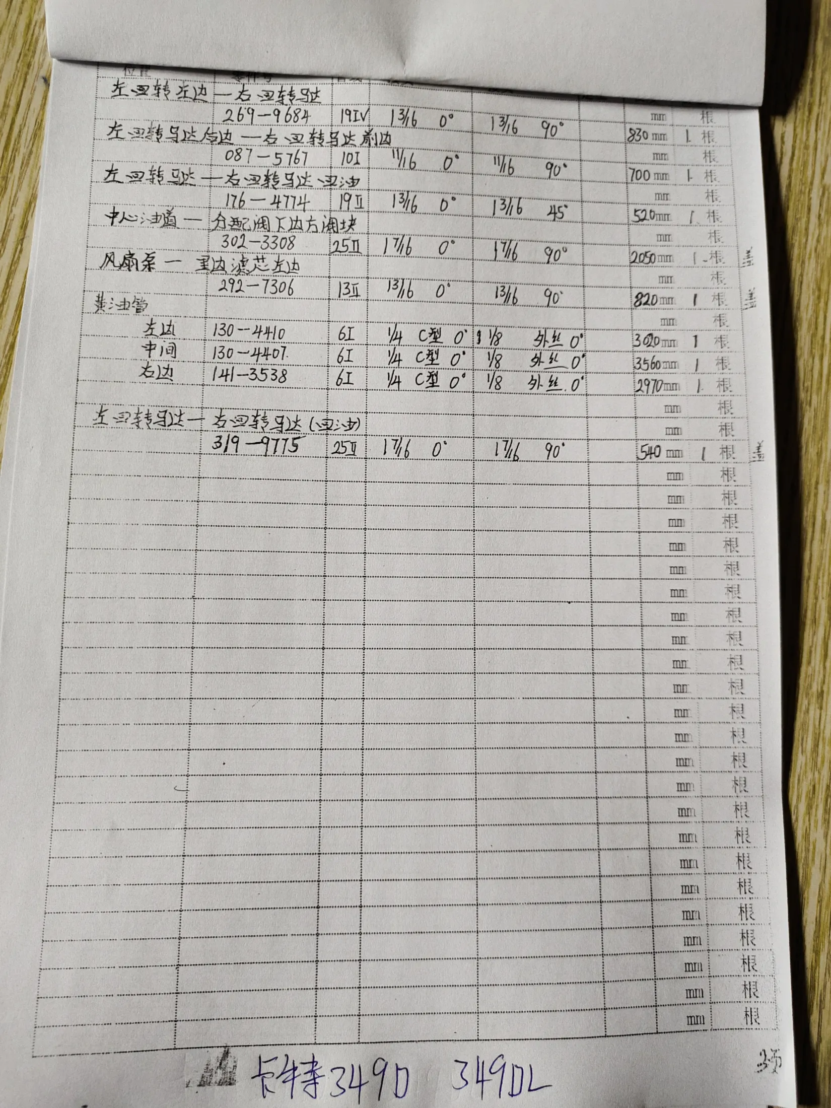 Caterpillar 349DL hydraulic hose part numbers and recorded lengths — technician notebook page 3 of 6