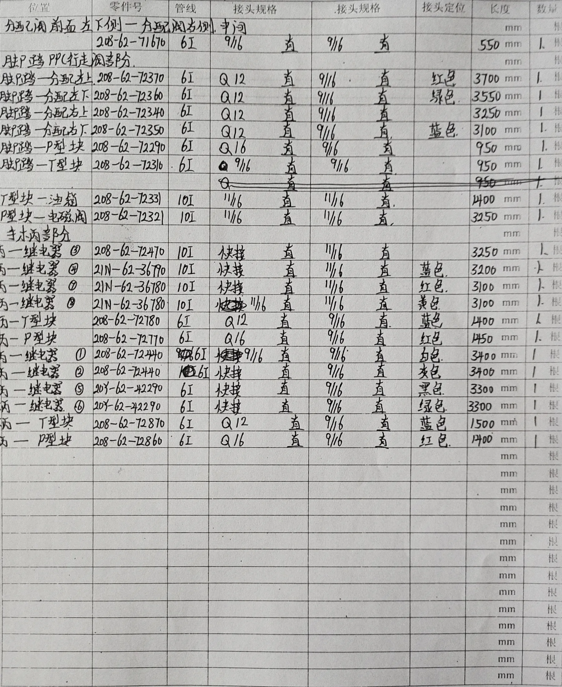 Komatsu PC450-7 hydraulic hose part numbers and recorded lengths — technician notebook page 4 of 4