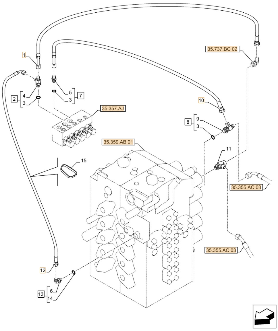 Case CX490D LC installation diagram showing hydraulic hose KHJ2179 at Pipe No. 12