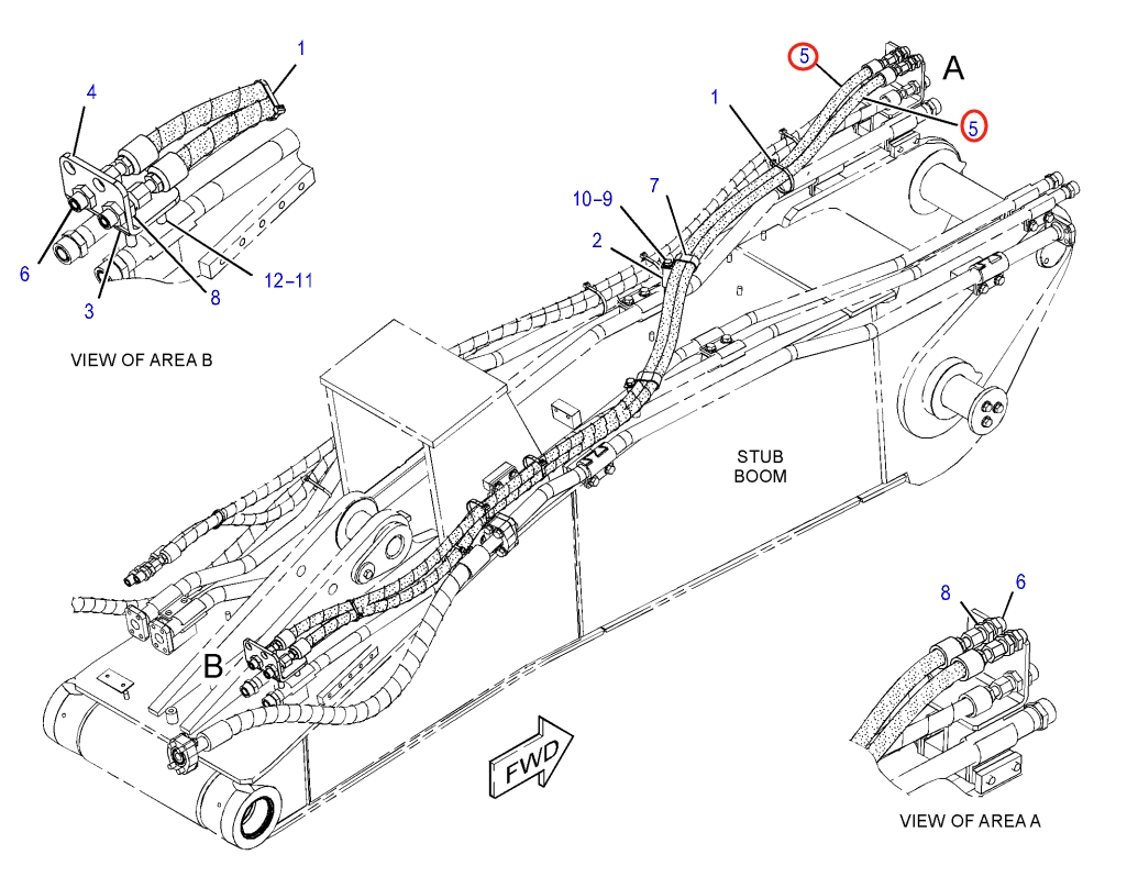 Caterpillar CAT®316F installation diagram showing hydraulic hose 370-0303 at Pipe No. 5