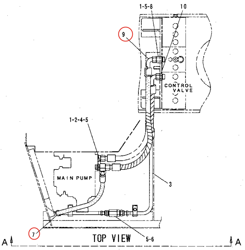 Caterpillar CAT®311B installation diagram showing hydraulic hose 123-2636 at Pipe No. 7