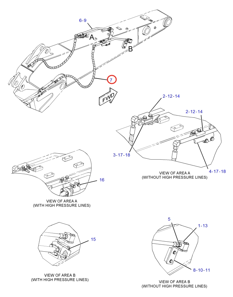 Caterpillar CAT®316F installation diagram showing hydraulic hose 282-5884 at Pipe No. 7