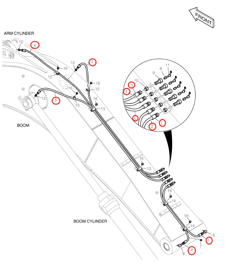 Doosan DX140LC-5 installation diagram showing hydraulic hose 2184-1045D148 at Pipe No. 3