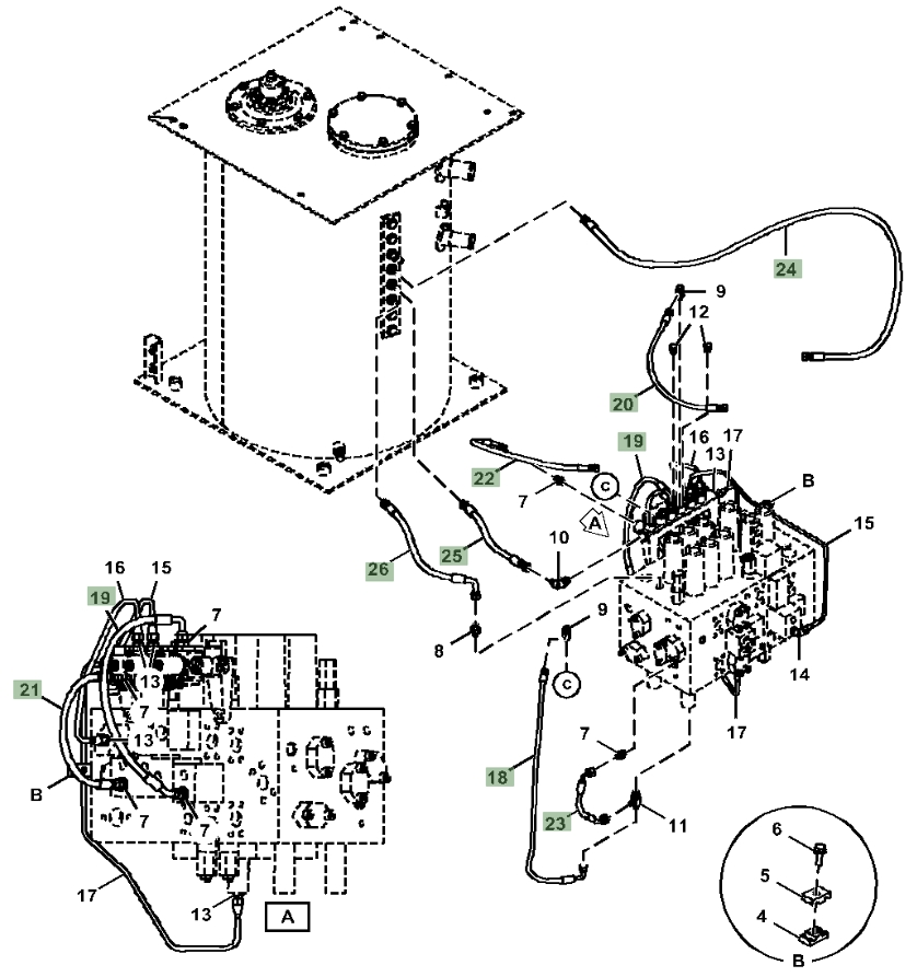 Hitachi ZX350LC-5A installation diagram showing hydraulic hose 4656806 at Pipe No. 19