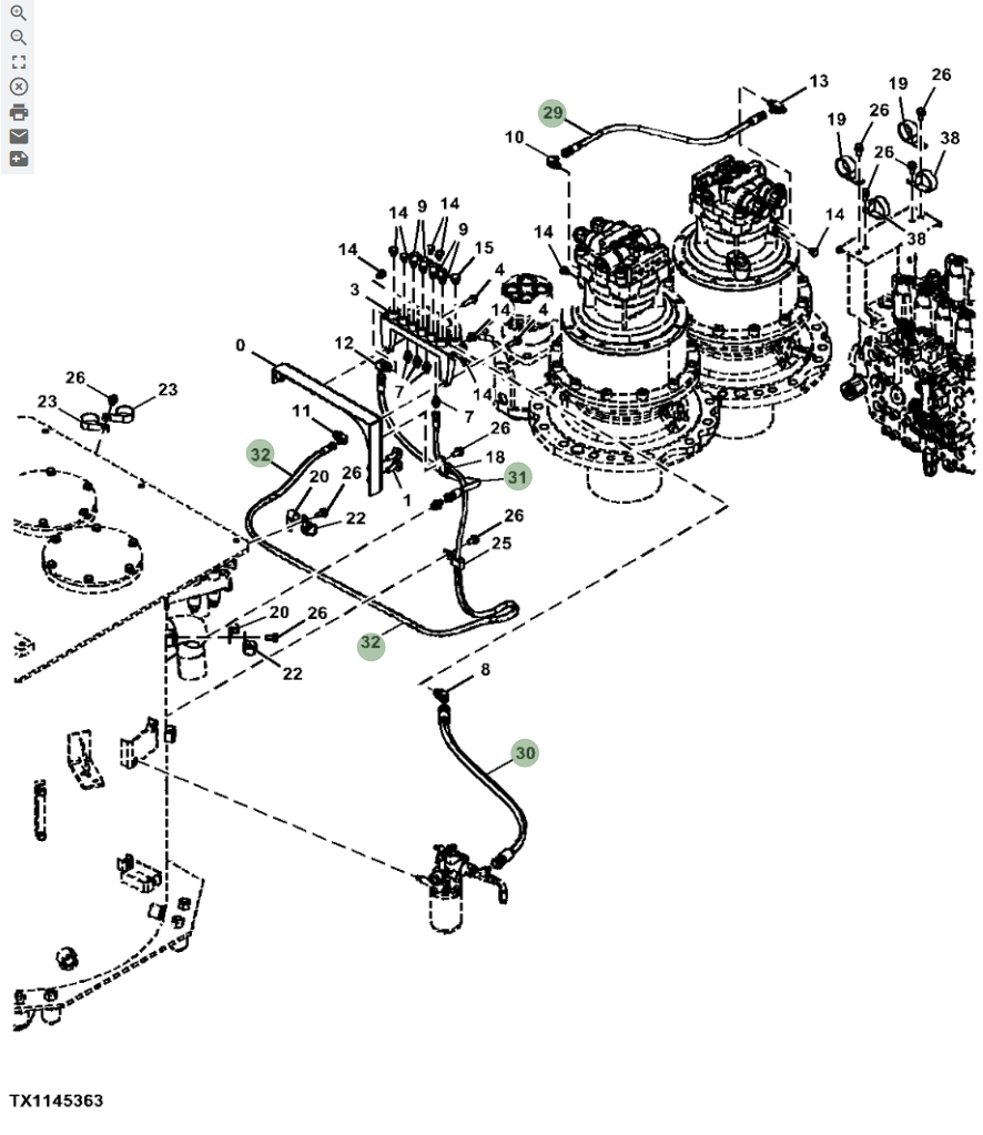 Hitachi ZX670LC-5G installation diagram showing hydraulic hose 4487215 at Pipe No. 29