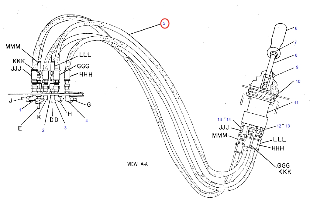Caterpillar CAT®225B installation diagram showing hydraulic hose 8R-0944 at Pipe No. 5