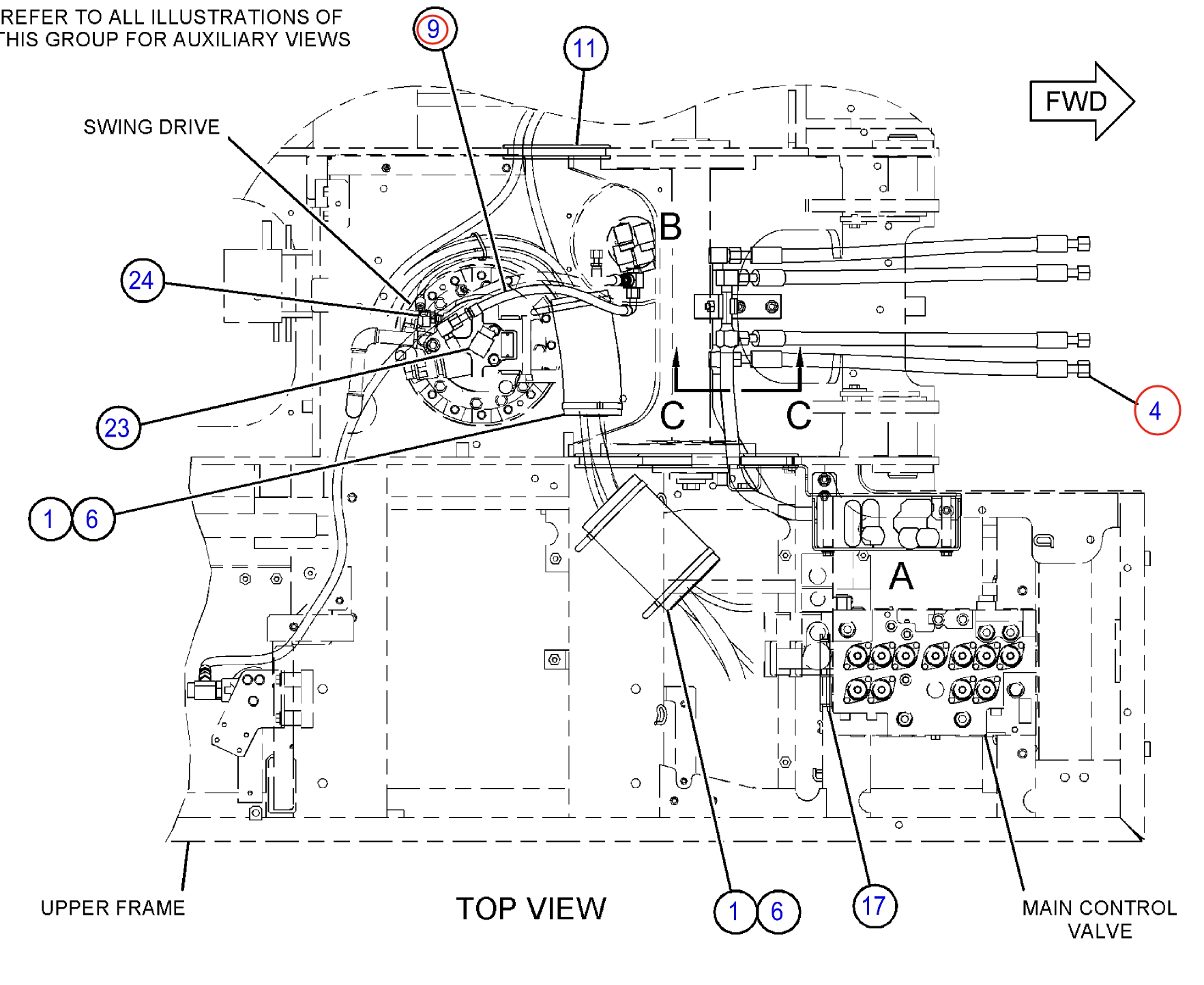 Caterpillar CAT®311F LRR installation diagram showing hydraulic hose 123-2636 at Pipe No. 4