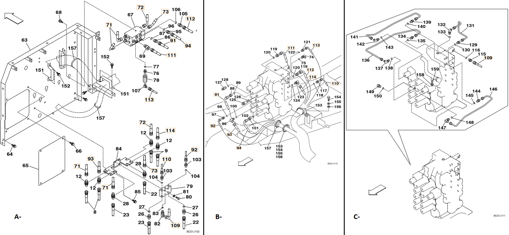 Case CX290 installation diagram showing hydraulic hose 159224A1 at Pipe No. A94-B94