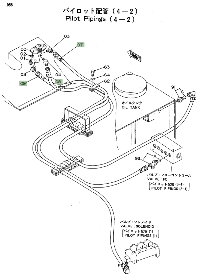 Hitachi EX100WD installation diagram showing hydraulic hose 4208435 at Pipe No. 9