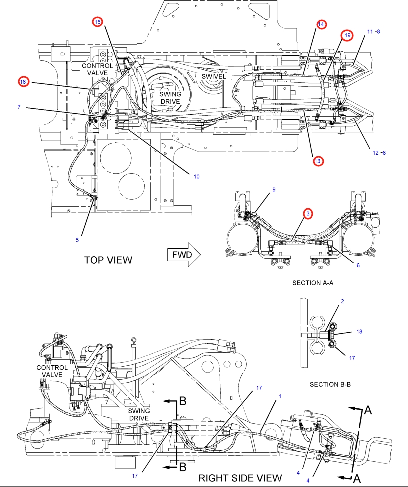 Caterpillar CAT®318C installation diagram showing hydraulic hose 4I-0772 at Pipe No. 14