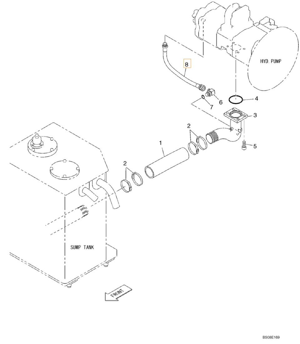 Case CX350B installation diagram showing hydraulic hose KSJ2868 at Pipe No. 8