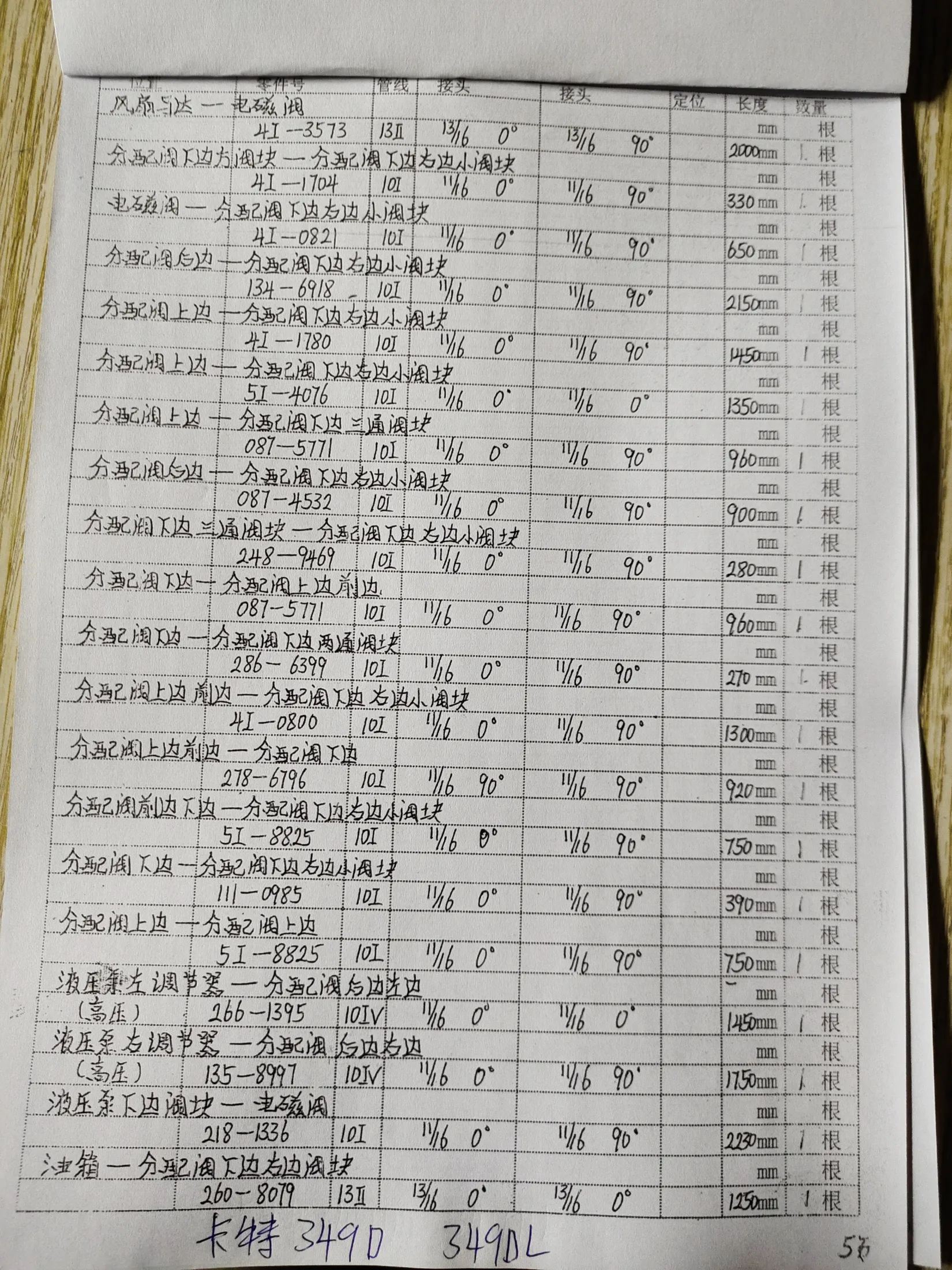 Caterpillar 349DL hydraulic hose part numbers and recorded lengths — technician notebook page 5 of 6 — recorded hose parts 4I-0800, 4I-0821, 4I-1704
