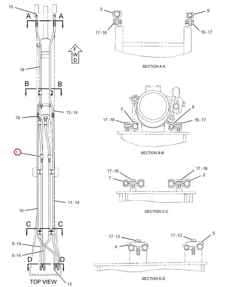Caterpillar CAT®313D installation diagram showing hydraulic hose 4I-1095 at Pipe No. 1