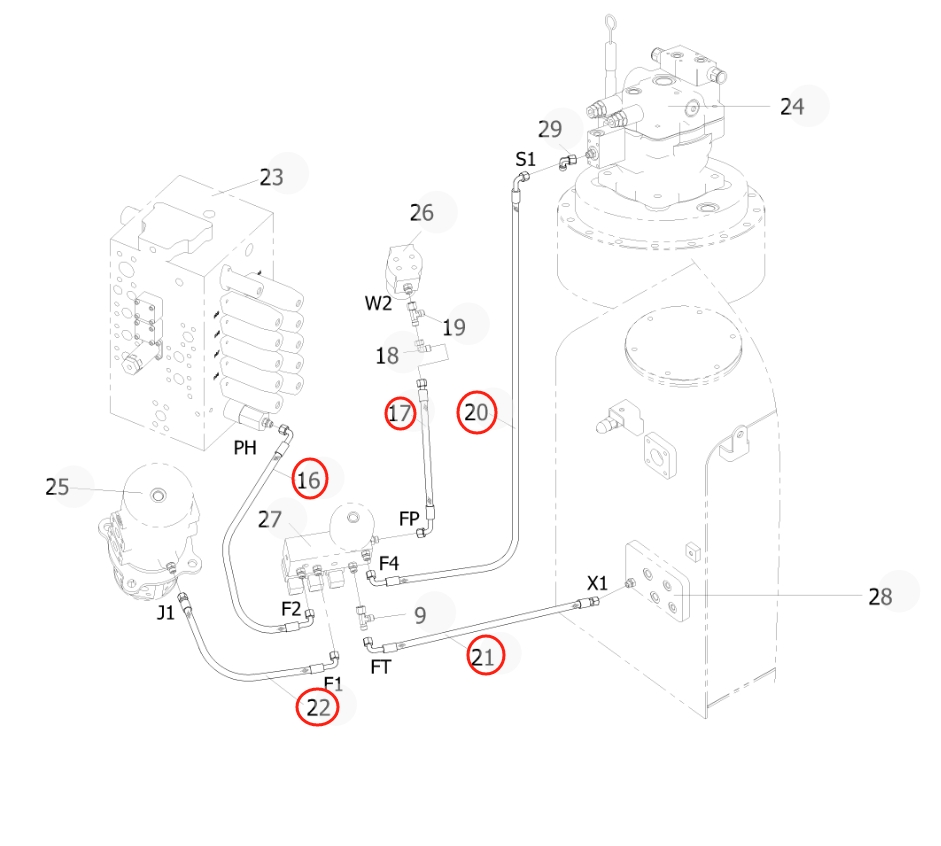 Sunward SWE210 installation diagram showing hydraulic hose 730502000343 at Pipe No. 22