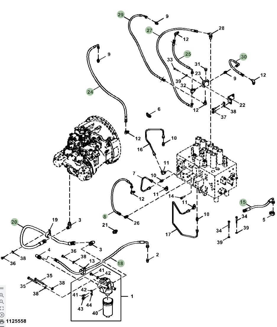 Hitachi ZX210LC-5N installation diagram showing hydraulic hose 4659385 at Pipe No. 18